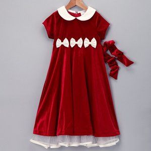 Rare Editions Red & Ivory Velvet Dress - Girls
